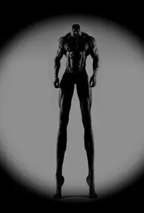 gigachad, beard, black hair, buff, closed mouth, front view, full body, gray background, gray skin, hair