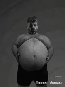 gigachad, beard, black hair, buff, closed mouth, clothes, fat, front view, gray background, gray skin