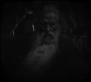 gigachad, old gigachad, beard, buff, cave, closed mouth, dark, front view, gray skin, hair