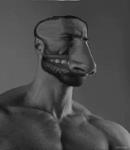 gigachad, beard, big mouth, big nose, black hair, buff, front view, gray background, gray skin, hair