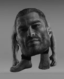 gigachad, beard, big head, black hair, buff, closed mouth, feet, front view, full body, gray background