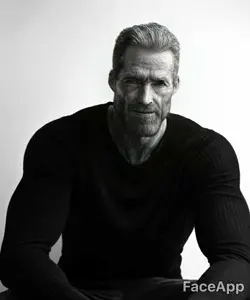 gigachad, old gigachad, beard, black hair, buff, closed mouth, faceapp, front view, gray background, gray skin