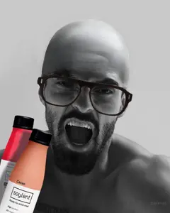 gigachad, gigayell, angry, bald, beard, black hair, bottle, buff, closed mouth, drink