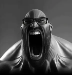 gigachad, gigayell, angry, bald, beard, buff, closed mouth, front view, gaping mouth, glasses