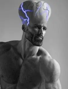 gigachad, beard, big brain, big head, black hair, buff, closed mouth, cracks, front view, gray background