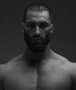 gigachad, 1nas, angry, animated, beard, black hair, buff, closed mouth, dithering, front view