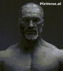 gigachad, old gigachad, yoshi, animal, beard, black hair, buff, closed mouth, front view, gray background