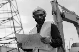 gigachad, auschwitz, beard, black hair, buff, building, closed mouth, clothes, construction worker, front view