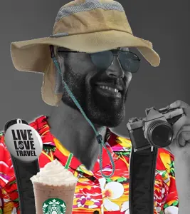 gigachad, beard, black hair, buff, camera, clothed, clothes, drink, glasses, gray background