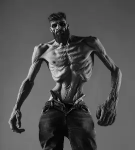 gigachad, terachad, beard, black hair, closed mouth, clothes, emaciated, front view, gray background, gray skin