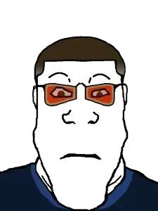 markiplier soyjak, neutralplier, blue shirt, brown hair, buzz cut, closed mouth, earrings, glasses, hair, open eyes