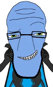 megamind, cephalopod soyjak, 1soyjak, bald, big brain, blue skin, chubby, closed mouth, clothes, dreamworks