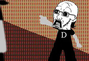 soyak, doctos, 1soyjak, almost full body, bald, black eyes, drawn background, exclamation mark, front view, looking to the left