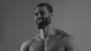 gigachad, 1nas, angry, beard, buff, gemini omni flash, gray background, gray skin, grayscale, hair