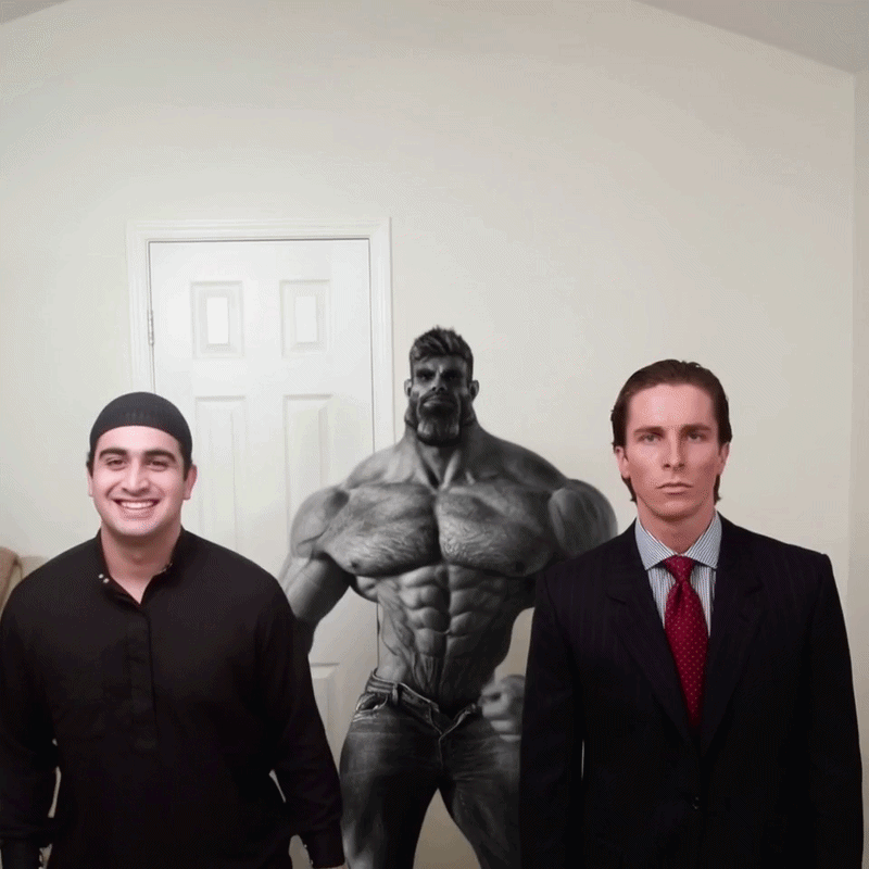 gigachad, patrick bateman, terachad, ai background, beard, black eyes, black hair, buff, closed mouth, clothes