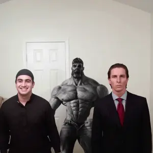 gigachad, patrick bateman, terachad, ai background, beard, black eyes, black hair, buff, closed mouth, clothes