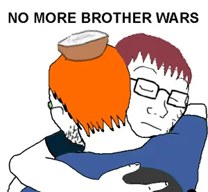 soyak, natejak, no more brother wars, 2soyjaks, back view, blue shirt, closed eyes, closed mouth, glasses, green glasses