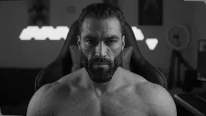 gigachad, black hair, buff, chair, front view, gaming chair, gegging, gemini omni flash, giggerbabble, gray skin