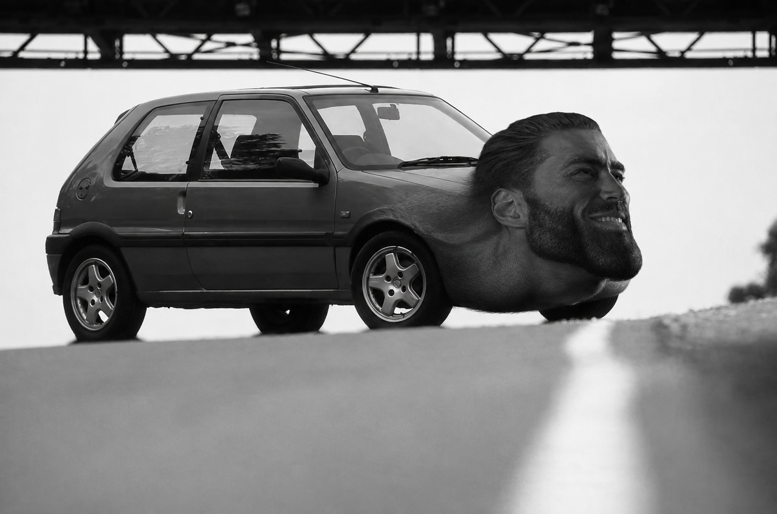 gigachad, automobile, black hair, buff, car, gray skin, hair, half open mouth, irl background, looking to the right