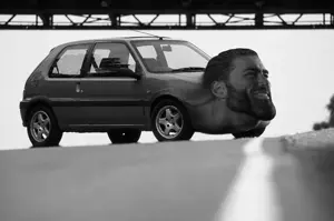 gigachad, automobile, black hair, buff, car, gray skin, hair, half open mouth, irl background, looking to the right