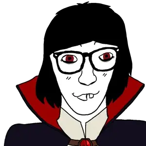 casnatus, casnatia, :3, black hair, closed mouth, costume, fangs, front view, gem, glasses