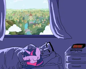 twilight sparkle, chudjak, pol face, 1soyjak, alarm clock, animal, arm, bed, black hair, blanket