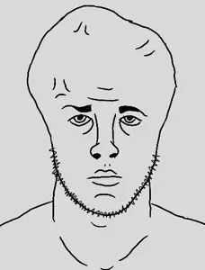 rubenjak, 1soyjak, bald, big forehead, black eyes, black hair, closed mouth, forehead lines, front view, frown