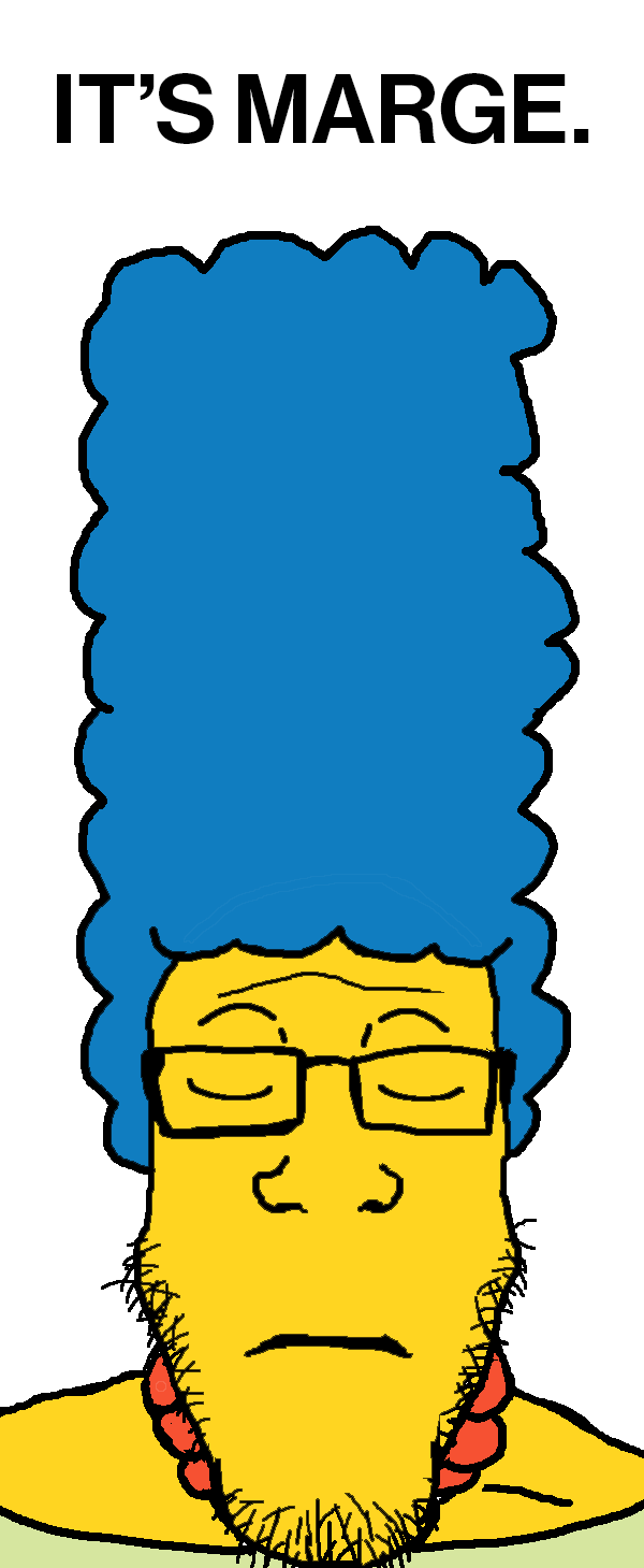 marge simpson, markiplier soyjak, its over, blue hair, closed eyes, dress, glasses, marge, necklace, soyjak