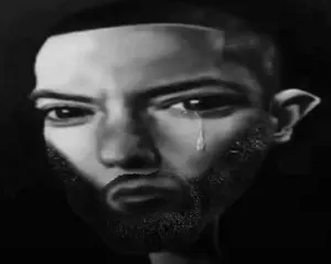 gigachad, 1nas, beard, big eyes, black background, black eyes, bloodshot eyes, caricature, crying, ear