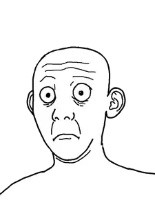 kuzjak, 1soyjak, bald, closed mouth, ear, eyebrows, forehead lines, frightened, frown, monochrome