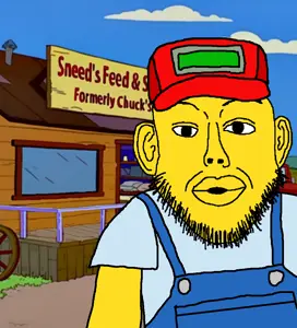 nojak, noejak, /tv/, 1soyjak, baseball cap, black eyes, blue overalls, cap, clothes, drawn background