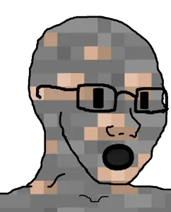 wojak, 1soyjak, bald, black eyes, glasses, gray skin, iron, iron ore, looking to the right, no beard