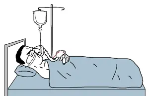 chudjak, chudjak side, 1soyjak, bed, black hair, blanket, breathing mask, closed eyes, closed mouth, hair