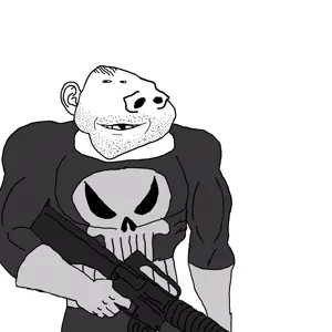 gapejak, impish soyak ears, arkansasjak, 1soyjak, almost full body, assault rifle, black eyes, black hair, buff, clothes