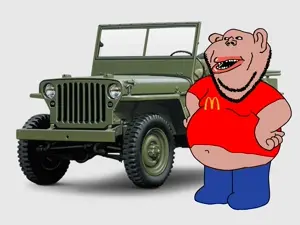 impish soyak ears, impish amerimutt, amerimutt, 1soyjak, big lips, black eyes, brown skin, car, ear, fat