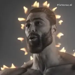 gigachad, aura, beard, black hair, buff, front view, gray background, gray skin, hair, half body