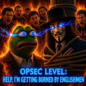 opsec demon, pepe, opsec level, amphibian, animal, bald, blue eyes, clothes, fire, flames