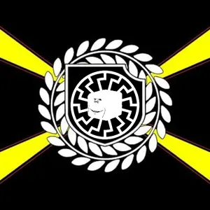 impish soyak ears, 1soyjak, atomwaffen division, bald, emblem, flag, front view, looking at you, no glasses, open eyes