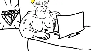 meximutt, mexiaryan, 1soyjak, big brain, big head, black eyes, blonde hair, buff, closed mouth, computer