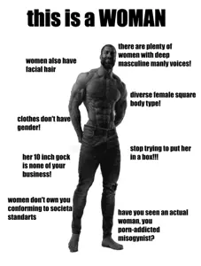 gigachad, gigachaded, beard, buff, female, gray skin, jeans, muscles, muscular male, smile