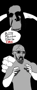 cobson, soyak, doctos, hornyson, rapeson, black background, black eyes, buff, comic, english text