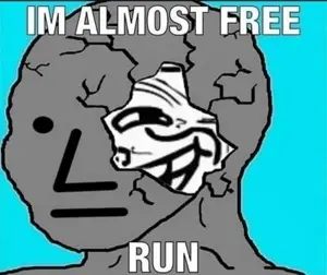 npc wojak, trollface, wojak, almost free, black eyes, blue background, free, gray skin, impact (font), looking at you