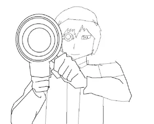 uta utane, bazooka, clothes, half body, hands, hat, holding, looking at you, open eyes, shooting