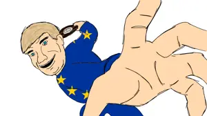 australian shitposter, 1nas, a10 eyes, alcohol, beer, big smile, blonde hair, blue clothes, blue eyes, blue shirt