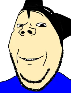 gapejak, wholesome soyjak, 1soyjak, autism, black hair, blue shirt, closed mouth, clothes, grin, hair