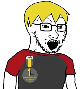 nate higgers, soyak, natejak, 1 year on bald men with glasses website, 1soyjak, arm, award, badge, blonde hair, bowl cut