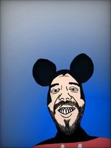 mickey mouse, bukelejak, 1soyjak, bald, beard, black eyes, black hair, blue background, gradient background, grin