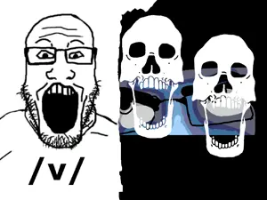 cobson, markiplier soyjak, kitbashing, skeletonjak, /v/, 1soyjak, 2soyjaks, 4chan, album cover, black background