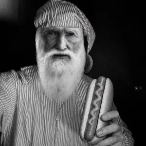 gigachad, old gigachad, 1nas, beard, closed mouth, clothed, clothes, food, front view, gray skin