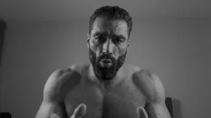 gigachad, beard, black hair, buff, card, dead nigger baby, dnb, ear, explaining, front view